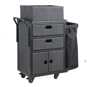 Wholesale Rattan Mini Cleaning Trolley | Compact Housekeeping Cart with Laundry Bag for Boutique Hotels